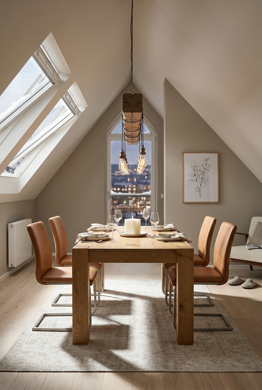 Helle Wandfarben und der Esstisch Arica aus Eiche schaffen Weite unter der Dachschräge