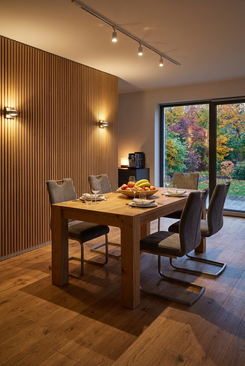 Esszimmerwand mit vertikalen Holzlamellen und Esstisch Arica aus Eiche, der harmonisch integriert ist
