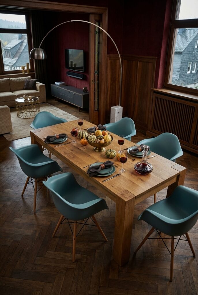 Esszimmer im Vintage-Industrial-Stil mit Esstisch Arica aus Eiche und Metallakzenten
