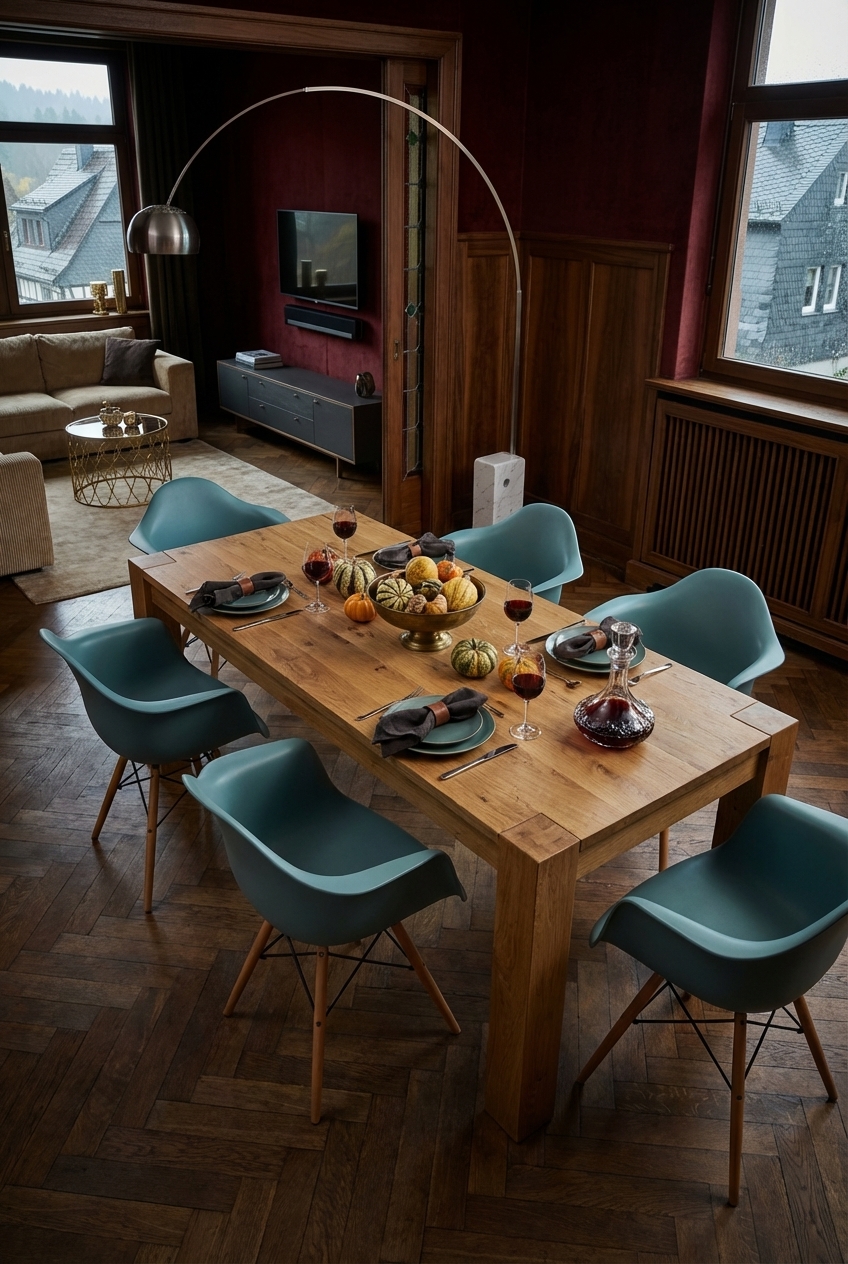 Esszimmer im Vintage-Industrial-Stil mit Esstisch Arica aus Eiche und Metallakzenten