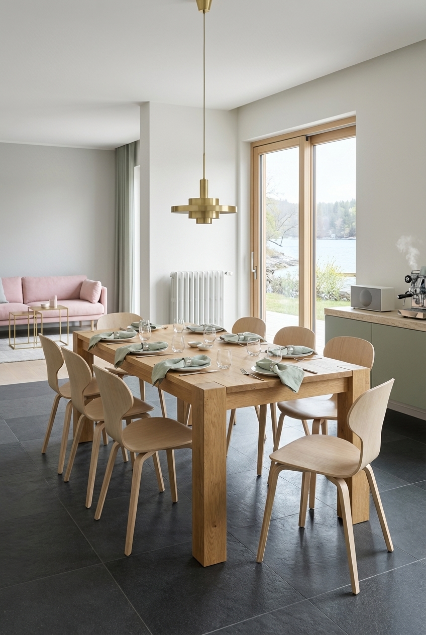 Ein skandinavisches Esszimmer mit essbarem Arica aus Eiche und einer Pendelleuchte als zentralen Blickfang