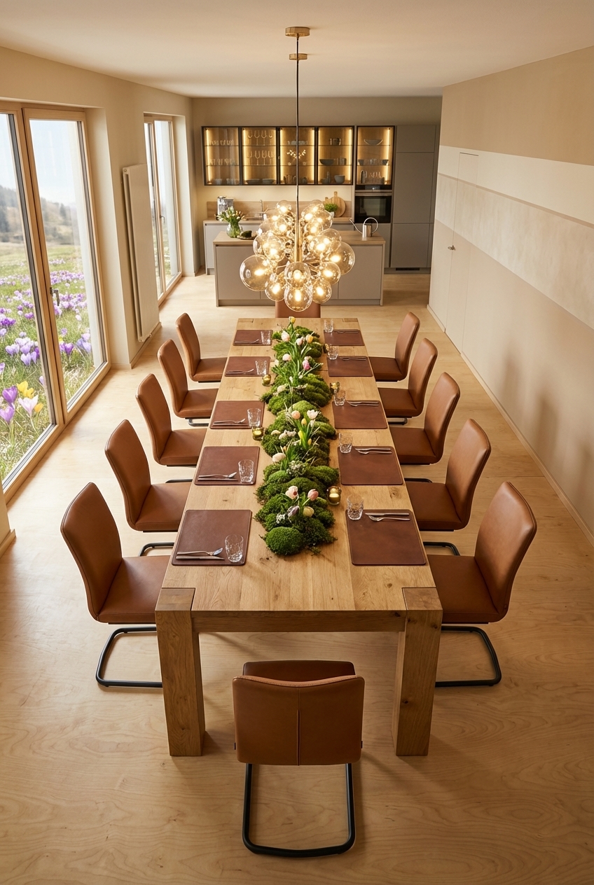 Deko-Linie aus grünen Elementen und Blumen auf einem Eiche Esstisch Arica