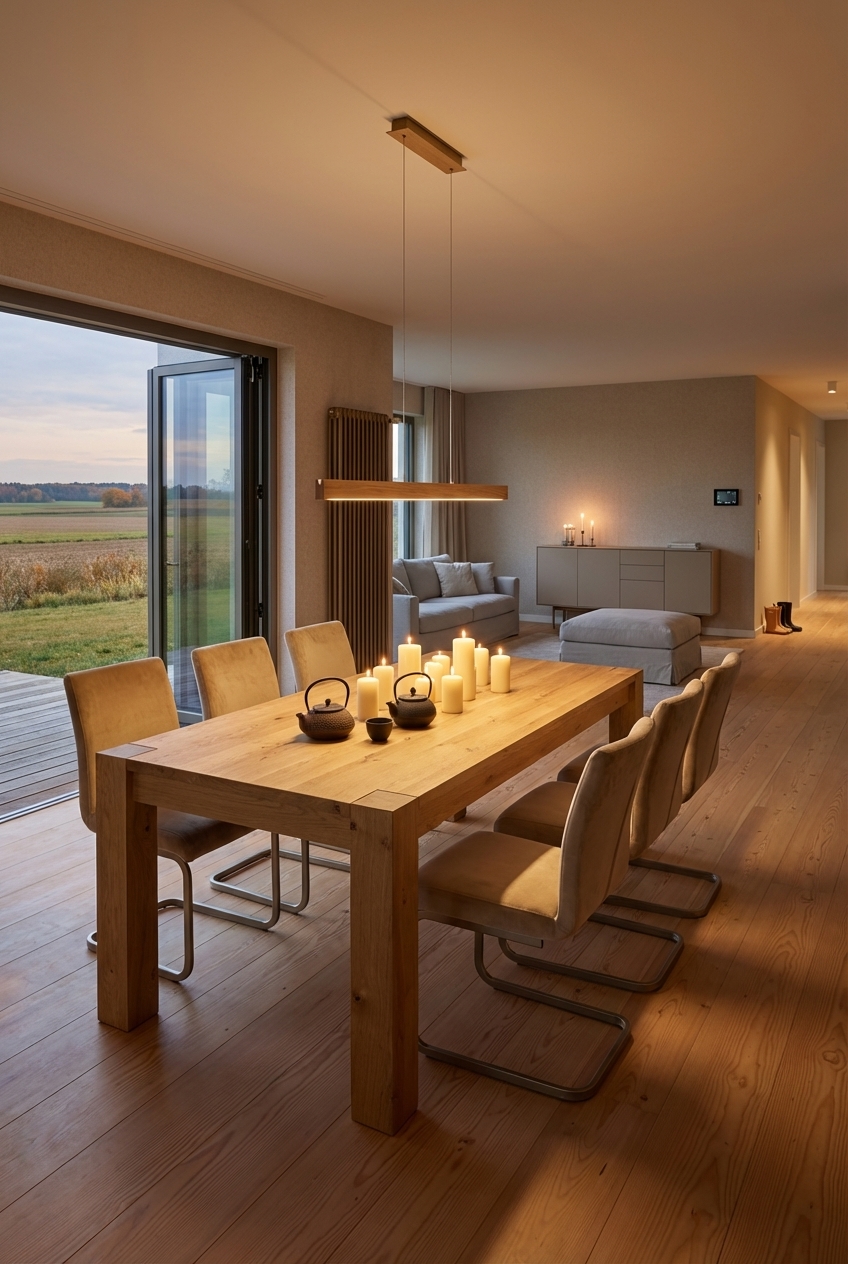 Esszimmer mit einem ausziehbaren Eichetisch, der vor einer großen Fensterfront platziert ist