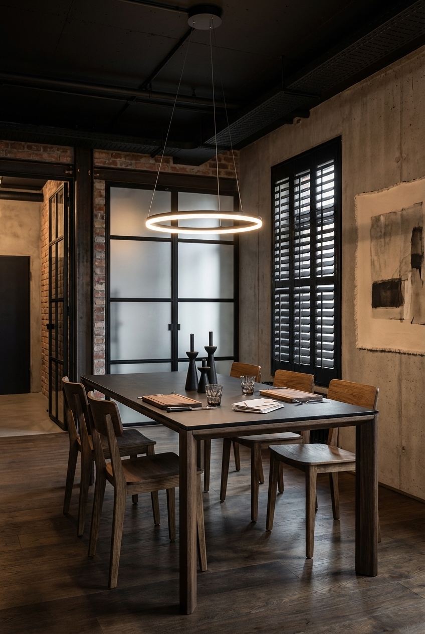 Dunkelgraue Decke im Esszimmer schafft geborgene Atmosphäre, kontrastiert mit Esstisch Ascoli Keramik aus Nussbaum.