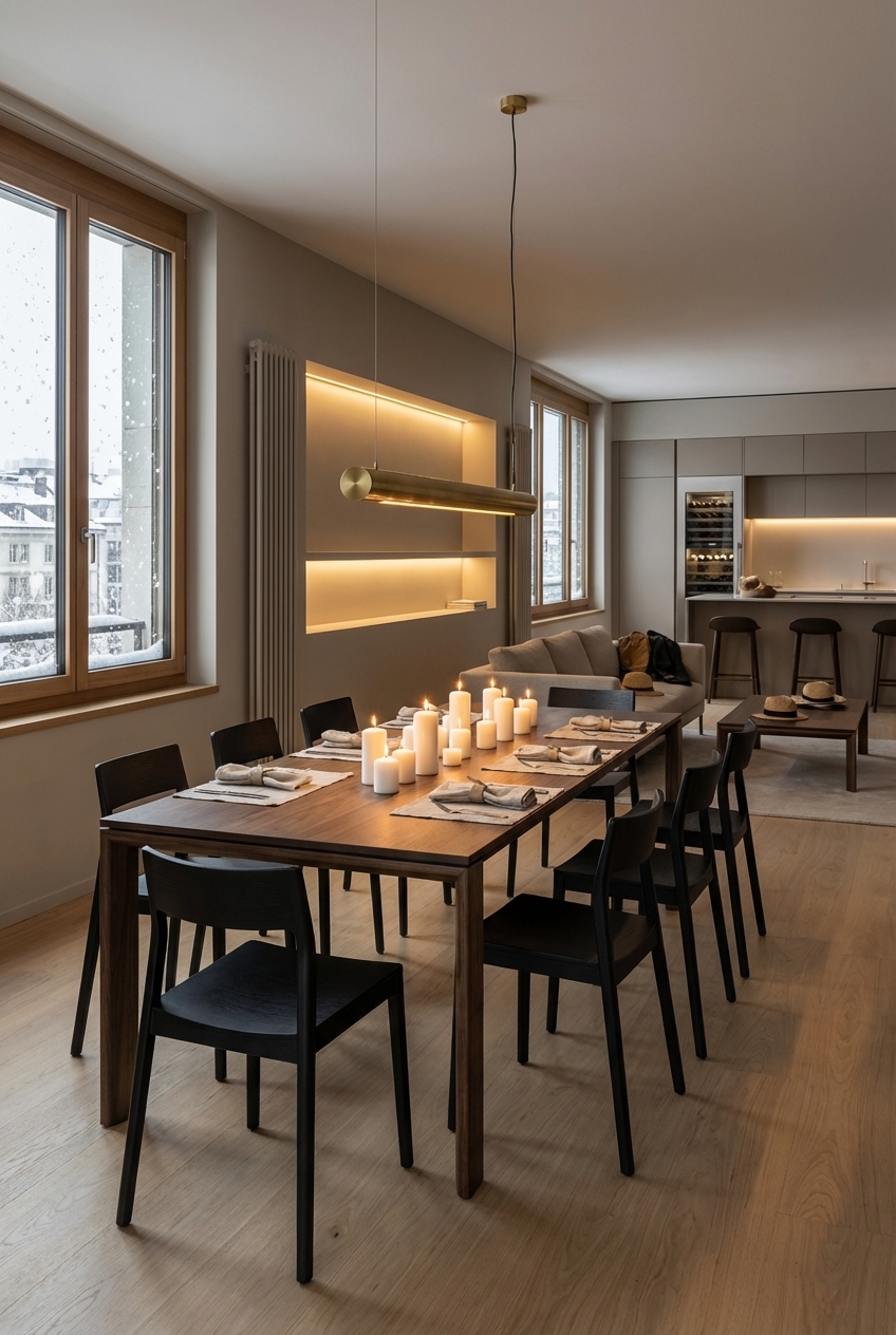 Essbereich mit schlanken dunklen Stühlen und warmem Nussbaumtisch, der den Raum grafisch auflockert