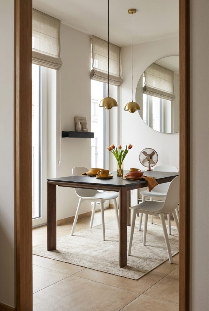 Ein runder Spiegel an der Wand reflektiert Licht und schafft Raumtiefe im Essbereich mit dem Esstisch Ascoli aus Nussbaum.