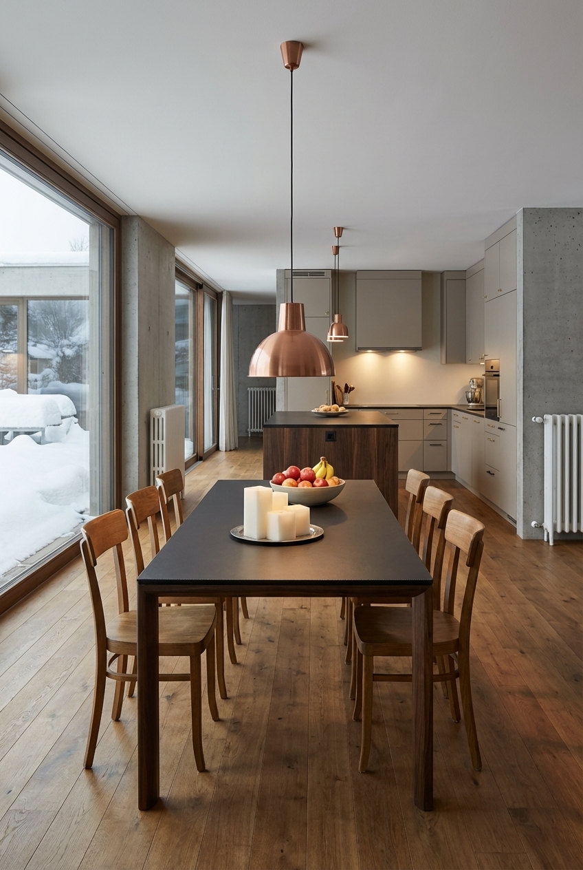 Dunkle Oberflächen verbinden Kücheninsel und Esstisch Ascoli Keramik aus Nussbaum harmonisch