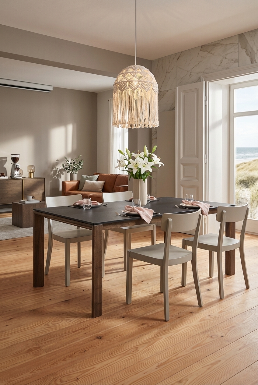 Esszimmer mit beigen Wänden, dunklem Nussbaum-Tisch und graubeigen Stühlen