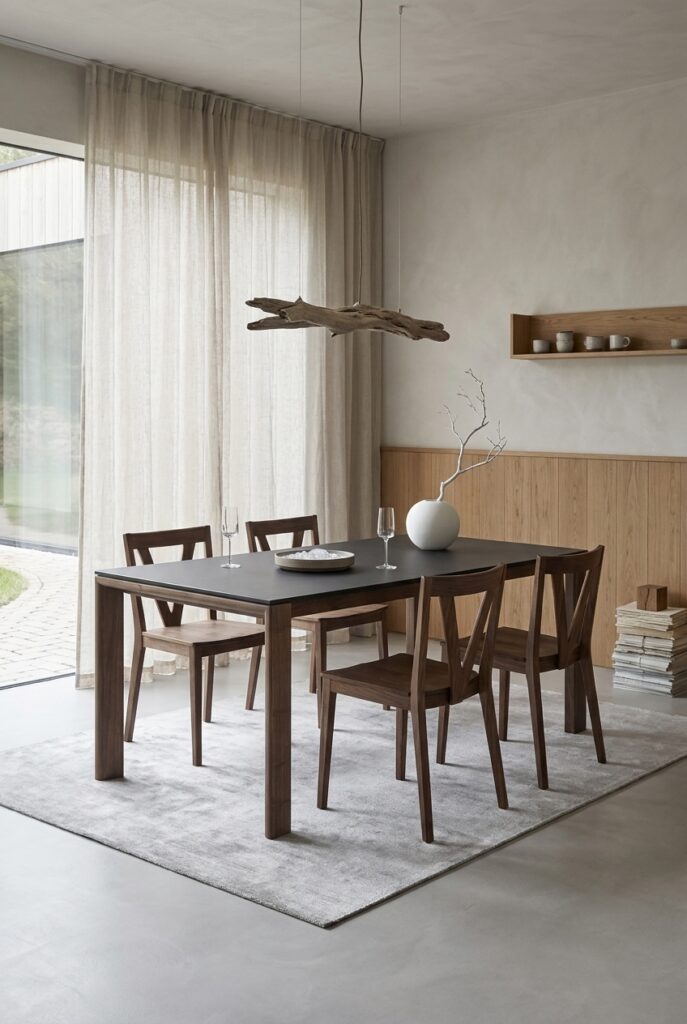 Bodenlange, helle Leinenvorhänge dämpfen das Licht im Esszimmer mit dem Esstisch Ascoli Keramik aus Nussbaum