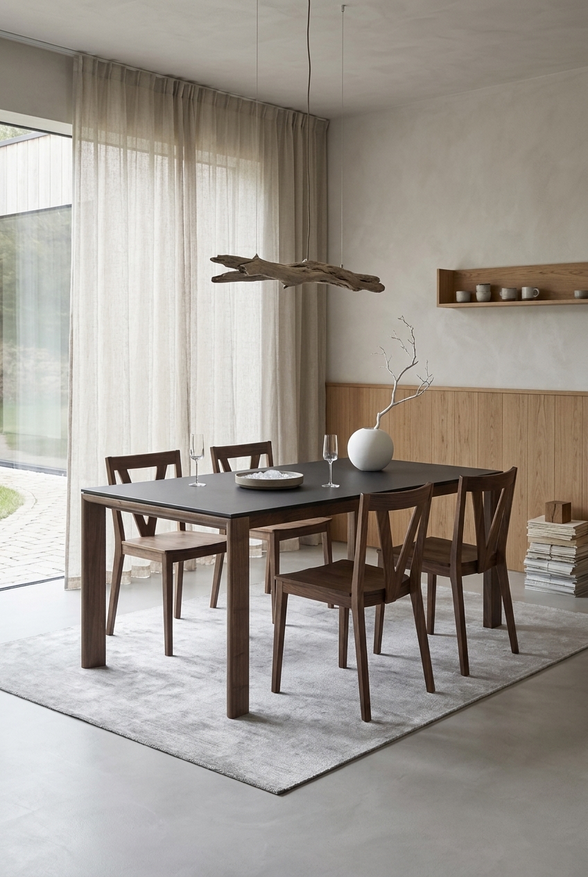 Bodenlange, helle Leinenvorhänge dämpfen das Licht im Esszimmer mit dem Esstisch Ascoli Keramik aus Nussbaum