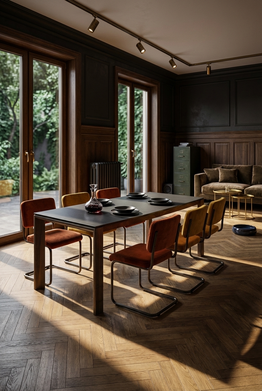 Esszimmer mit warmen Erdtönen, lebhaften Freischwingern und dunkler Tischplatte aus Nussbaum