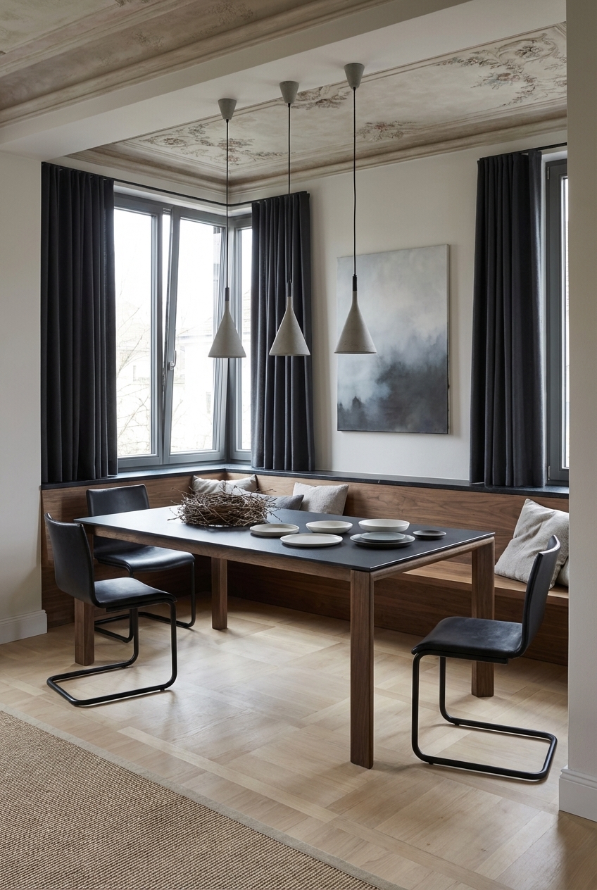 Essplatz mit Esstisch Ascoli Keramik, bündig an drei Wänden platziert