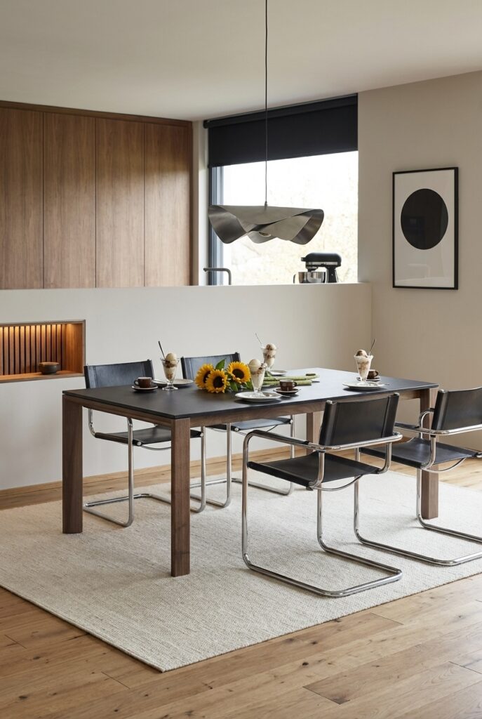 Esszimmer mit vertikalen Holzpaneelen, die Stauraum elegant verstecken, und dem Nussbaum-Esstisch Ascoli Keramik.