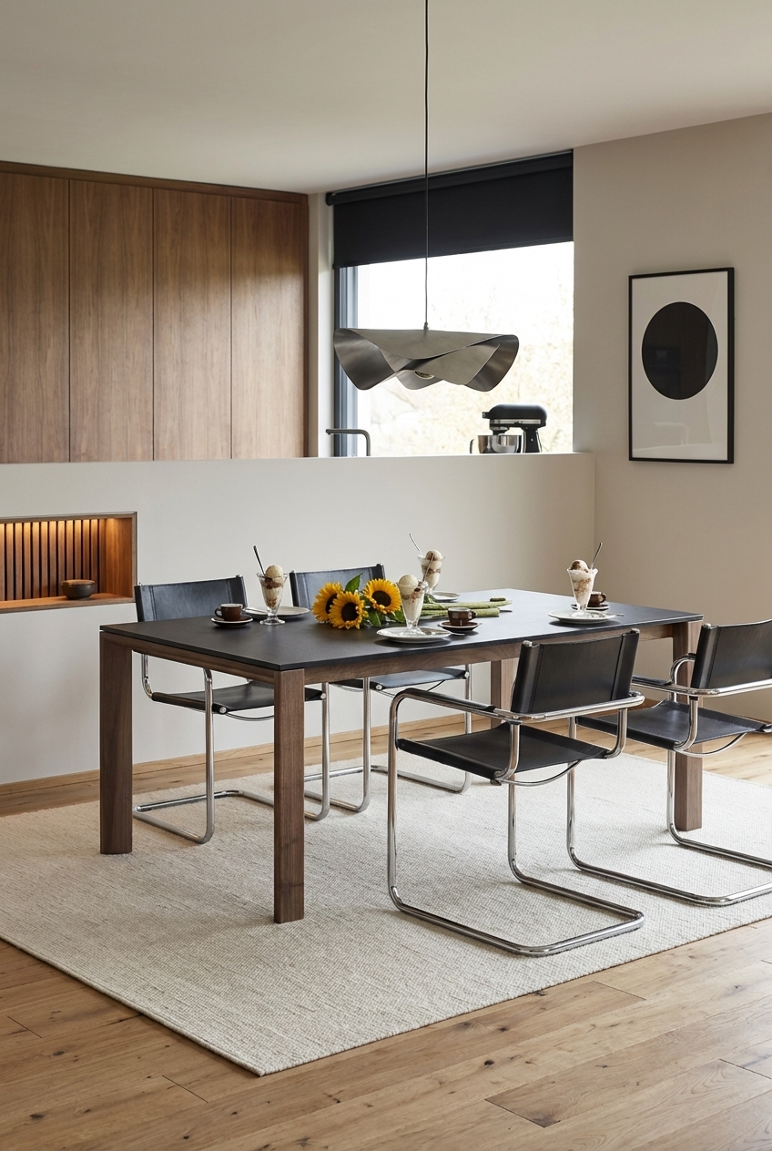 Esszimmer mit vertikalen Holzpaneelen, die Stauraum elegant verstecken, und dem Nussbaum-Esstisch Ascoli Keramik.