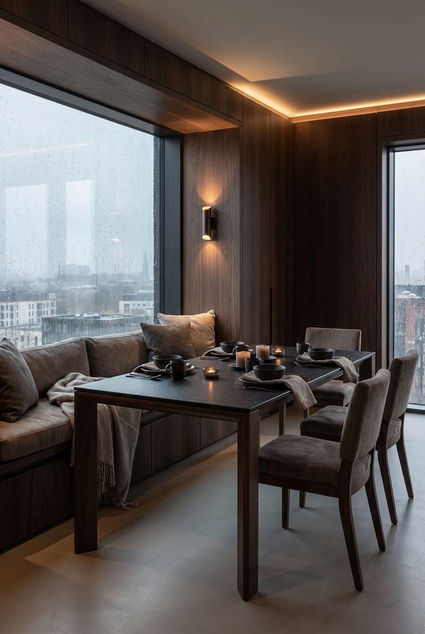 Esszimmer mit Sitzfenster und asymmetrischer Anordnung aus festem und beweglichem Sitzmobiliar