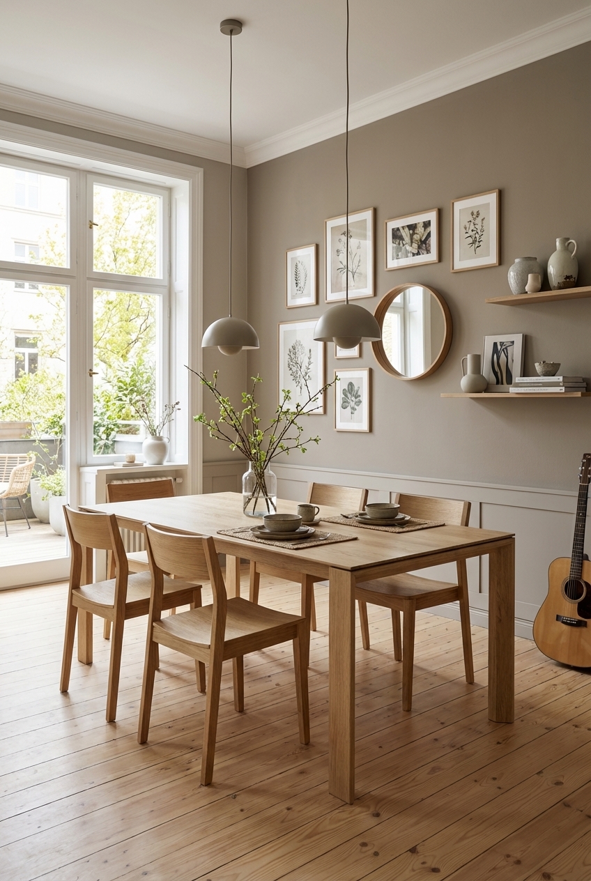 Esszimmer mit gedeckter Wandfarbe und heller Brüstungsleiste, Massivholztisch Ascoli aus Eiche