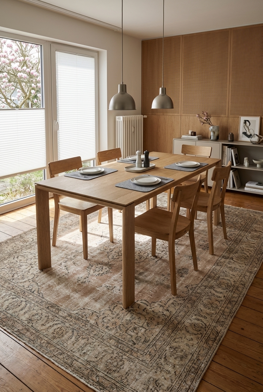 Teppich in sanften Sand- und Ockertönen harmoniert mit dem Esstisch Ascoli aus Eiche