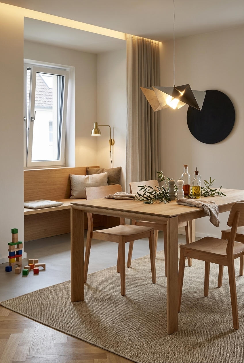 Indirekte Beleuchtung betont die Nische mit dem Esstisch Ascoli aus Eiche