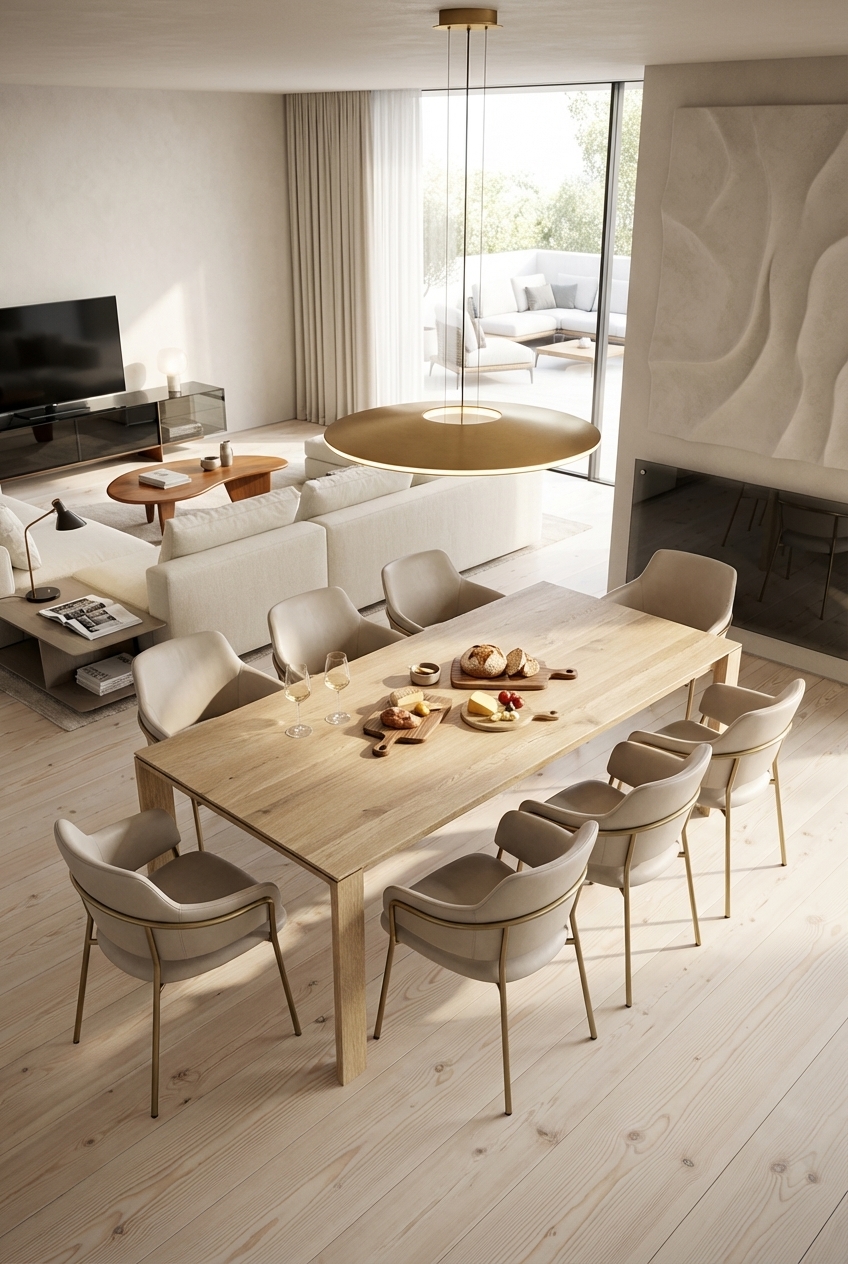 Gestaltete Wandflächen mit organischem Relief ergänzen den Esstisch Ascoli aus Eiche und schaffen Tiefe.