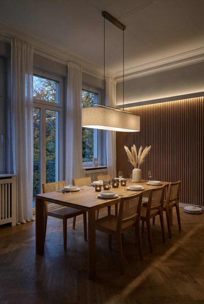 Esszimmer mit einer Holzlamellenwand und dem Esstisch Ascoli aus Eiche, Licht und Schatten wechseln harmonisch.