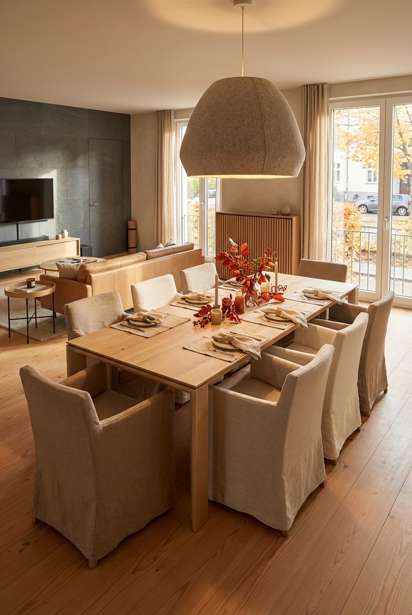 Esszimmer mit ausziehbarem Tisch Ascoli und voluminösen Hussen-Stühlen für mehr Gemütlichkeit