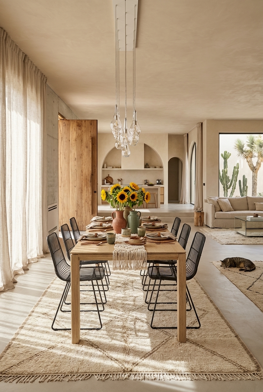 Schwarze Drahtstühle setzen klare Akzente um den massiven Esstisch Ascoli aus Eiche