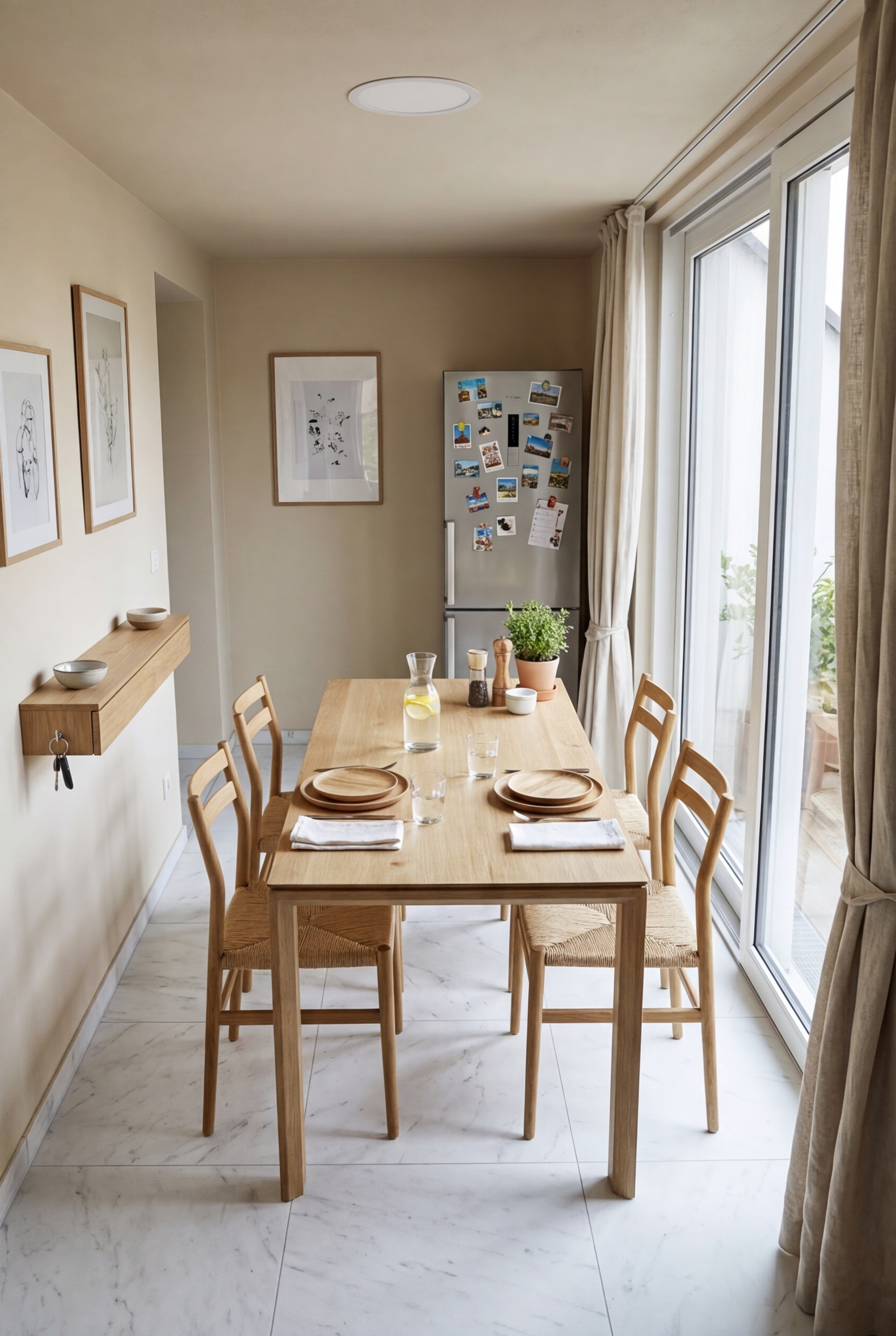 Schwebendes Wandregal über Esstisch Ascoli aus Eiche für platzsparenden Stauraum