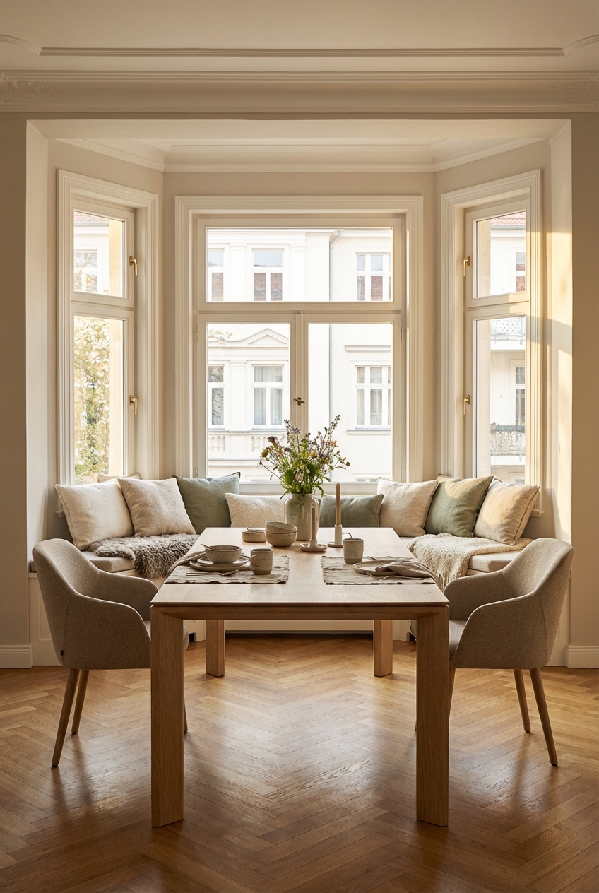 Esszimmer mit gepolsterter Eckbank, die sich nahtlos in die Fensternische einfügt, um den Esstisch Ascoli zu ergänzen