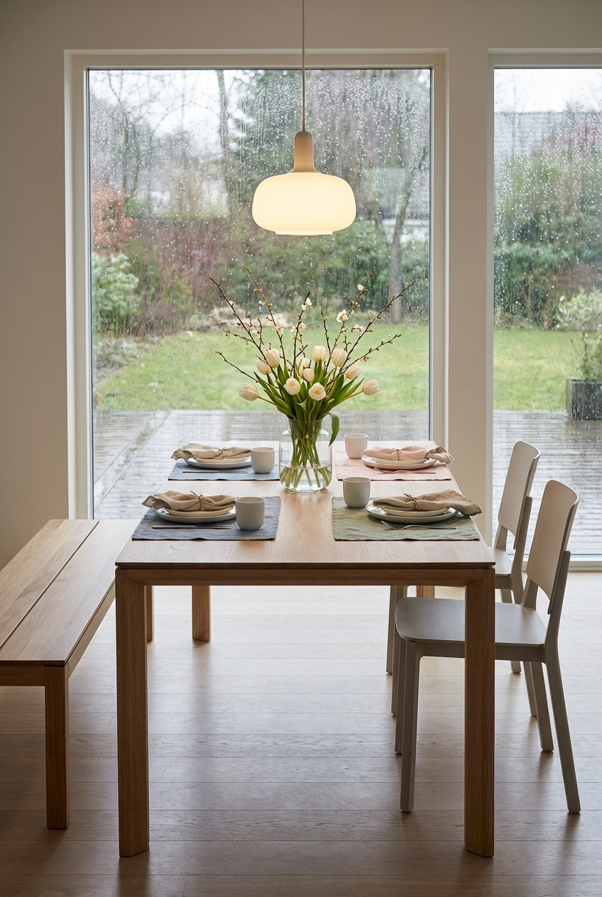 Zarte weiße Tulpen und knospende Zweige in bauchiger Glasvase auf Esstisch Ascoli aus Eiche