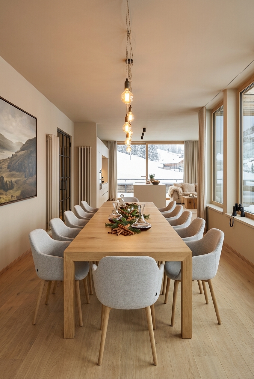 Ein großes Esszimmer mit bodenlangen, natürlichen Vorhängen und dem Esstisch Assen aus Eiche