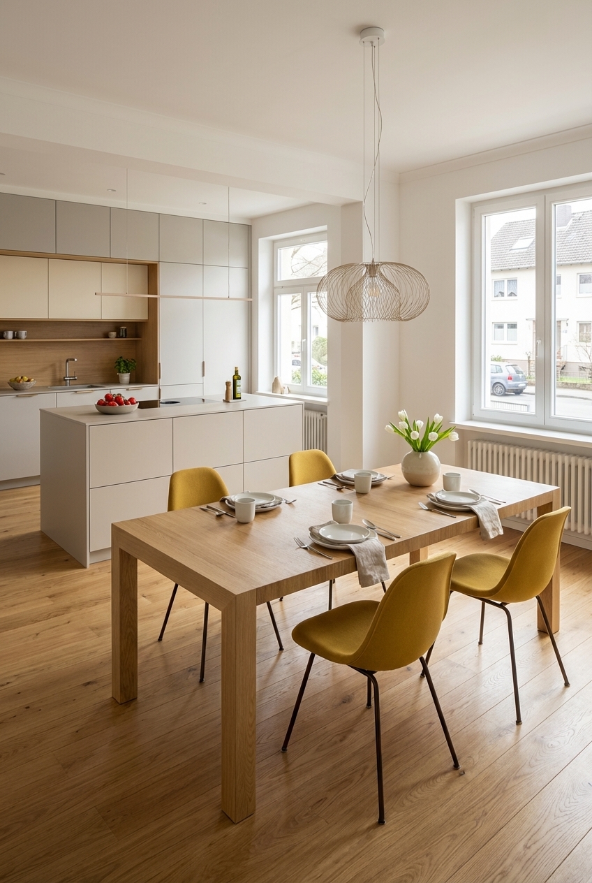 Farbenfrohe Stühle in warmem Senfton akzentuieren den kleinen Essbereich um den Esstisch Assen aus Eiche