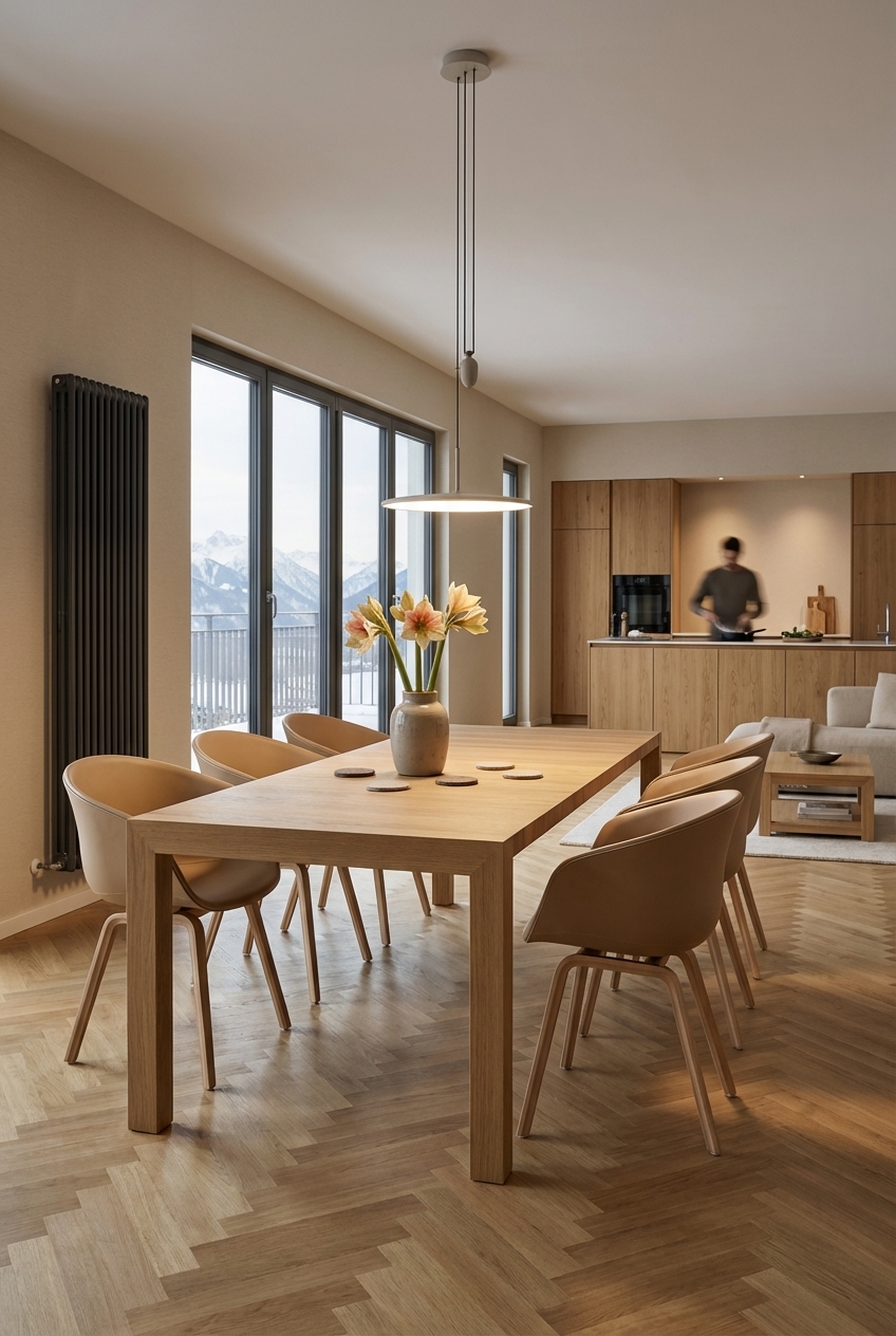 Esszimmer mit Fischgrätparkett und Ausziehtisch Assen aus Eiche in harmonischer Kombination