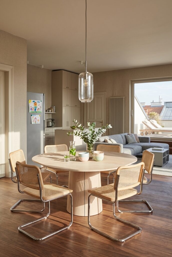 Beige Wienergeflecht-Stühle gleichmäßig um einen runden Esstisch aus Eiche Weiß angeordnet