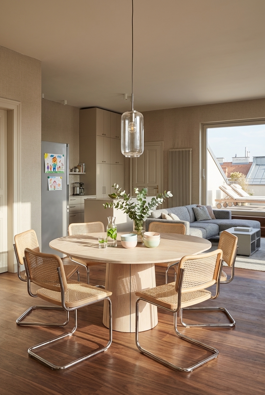 Beige Wienergeflecht-Stühle gleichmäßig um einen runden Esstisch aus Eiche Weiß angeordnet