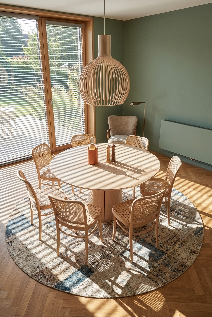 Ein runder Esstisch Ballerup aus Eiche Weiß steht auf einem Teppich, der durch Licht und Schatten belebt wird