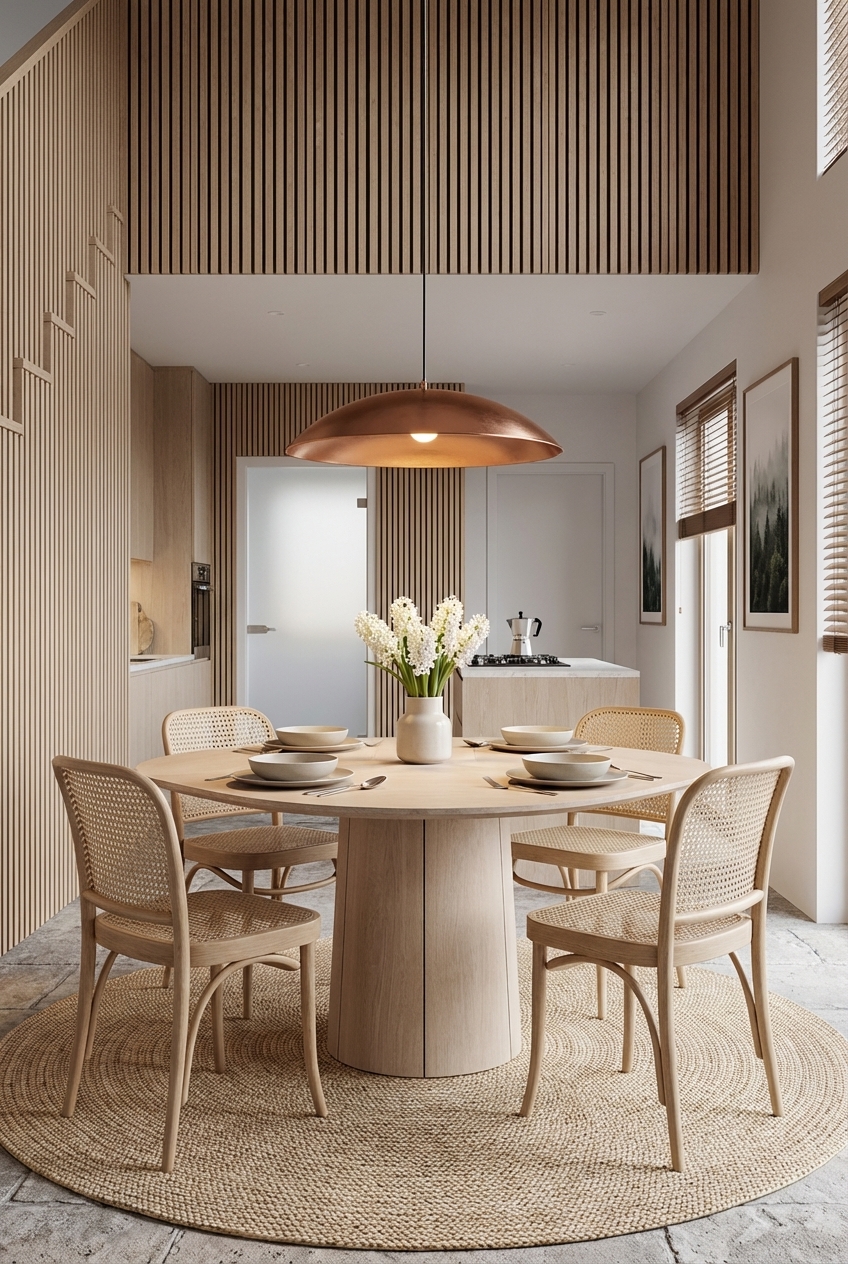 Pendelleuchte über dem runden Esstisch Ballerup aus Eiche strahlt warmes Licht auf Holzpaneele