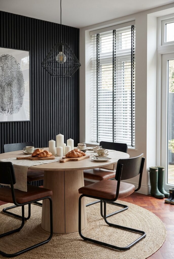 Dunkle Holzpaneele im Esszimmer kombiniert mit einem runden Ballerup Esstisch und braunen Ledersitzen.