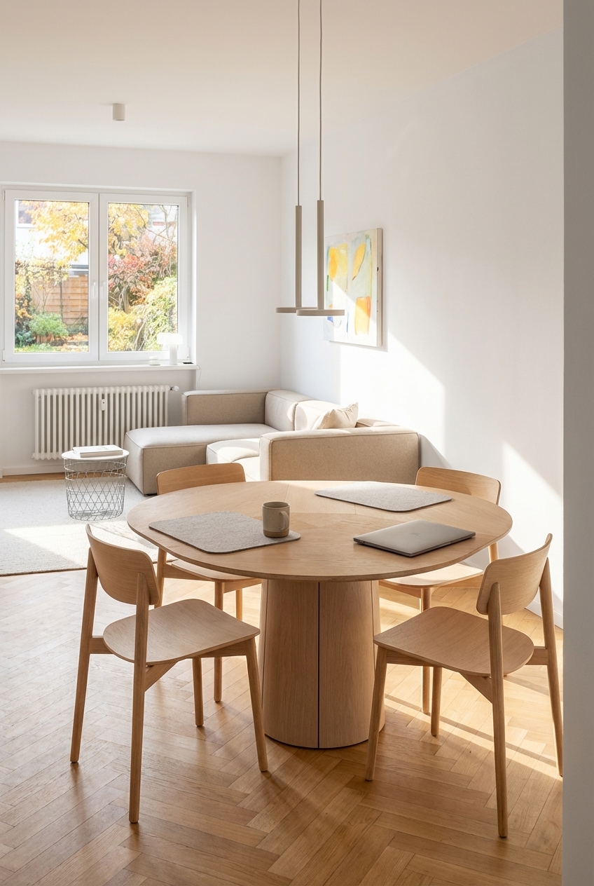 Das Sofa trennt optisch den Wohn- und Essbereich mit dem runden Esstisch Ballerup aus Eiche Weiß