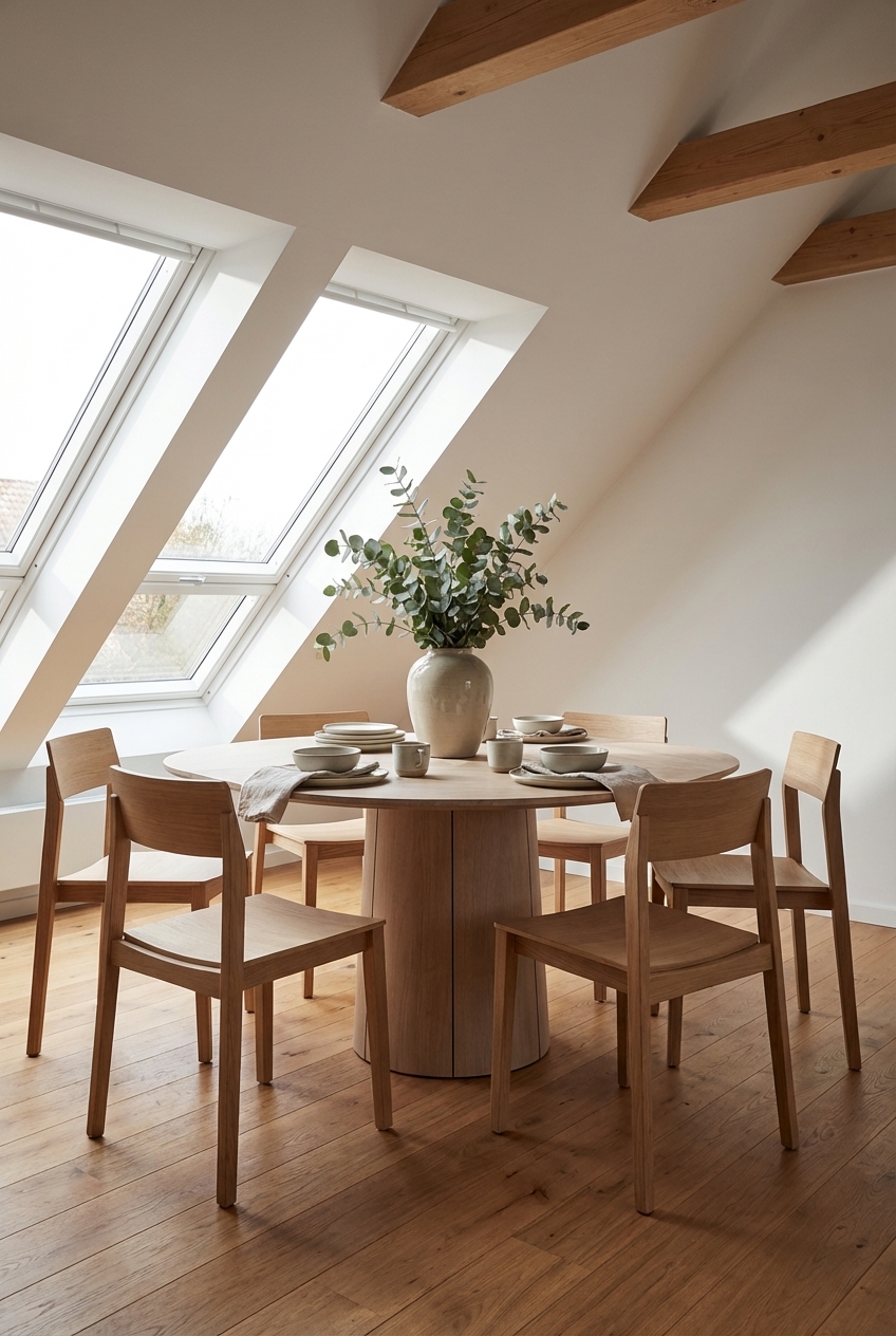 Runder Esstisch Ballerup aus Eiche Weiß unter Dachschräge für flexible Sitzanordnung