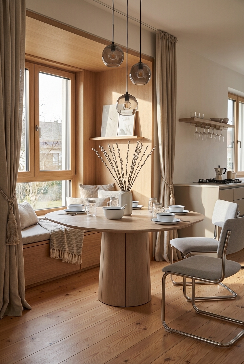 Bodenlange Vorhänge schaffen einen gemütlichen Essbereich mit dem runden Esstisch Ballerup aus Eiche Weiß