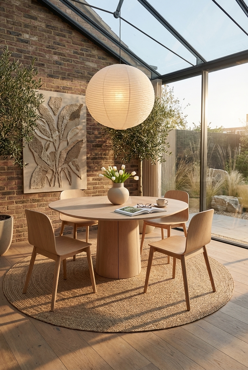 Essbereich im Wintergarten mit rundem Eichenholztisch an Backsteinwand