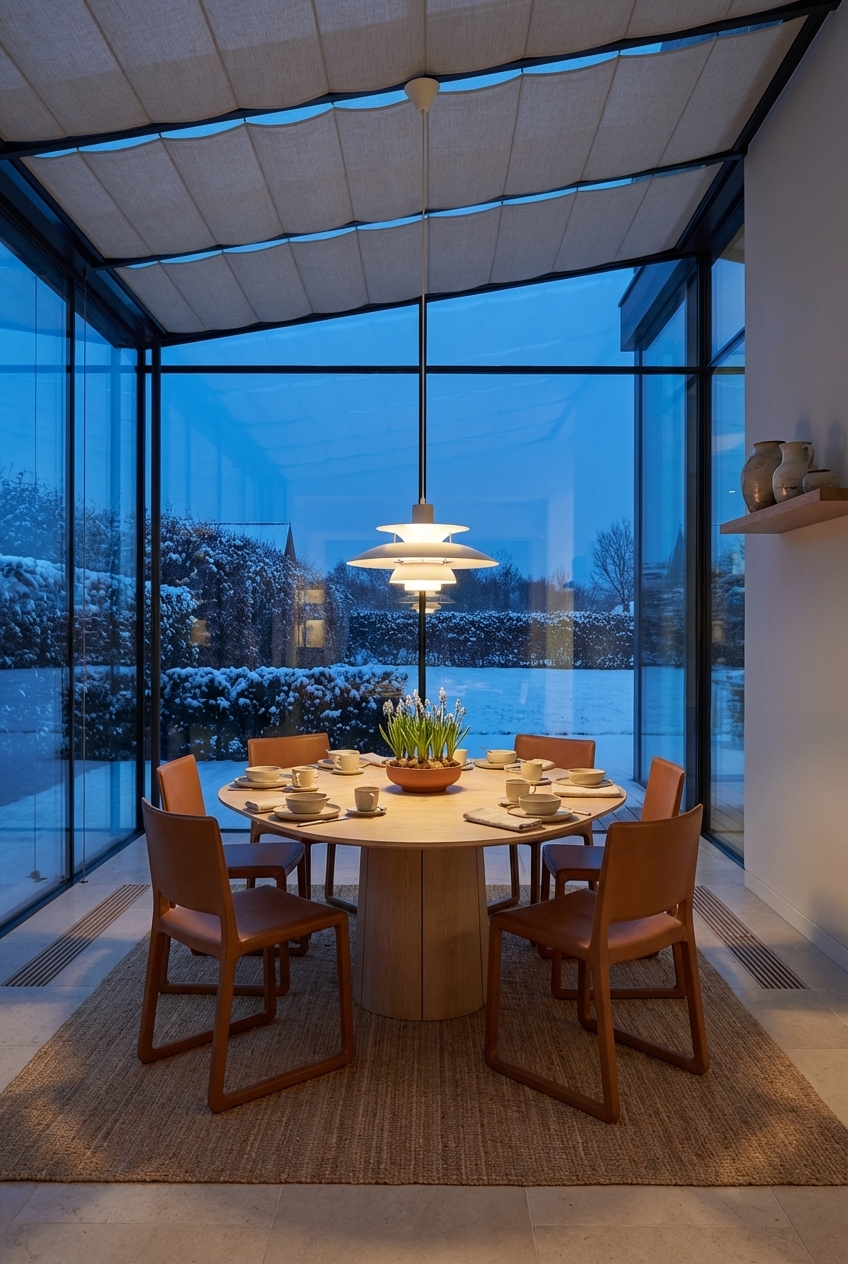 Essplatz im Wintergarten mit runder Pendelleuchte über dem Esstisch Ballerup aus Eiche Weiß