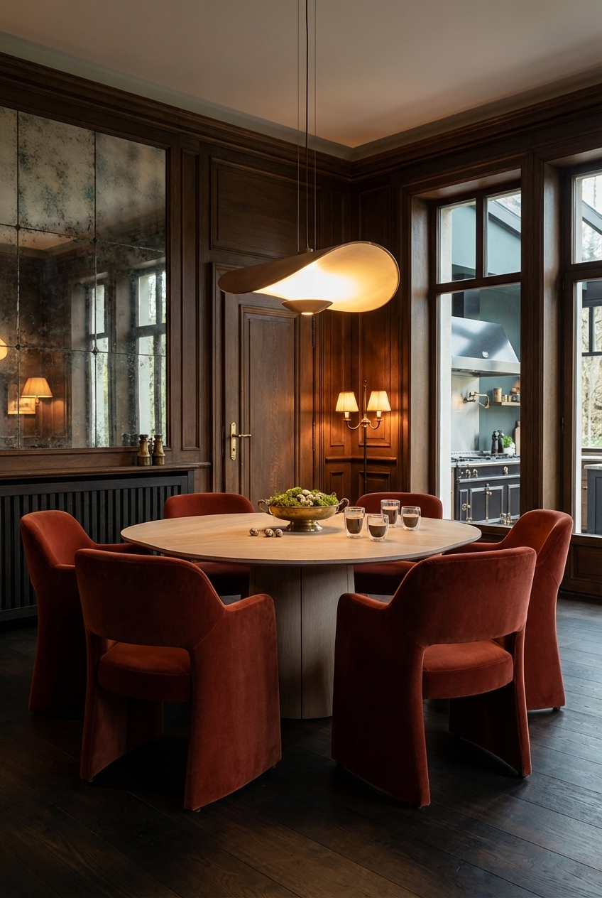 Kreisförmig angeordnete, rustikale Samtstühle um den runden Esstisch Ballerup