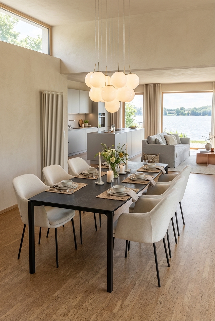 Geflochtene Jute-Platzsets strukturieren den Essplatz am Belluno Keramik Esstisch