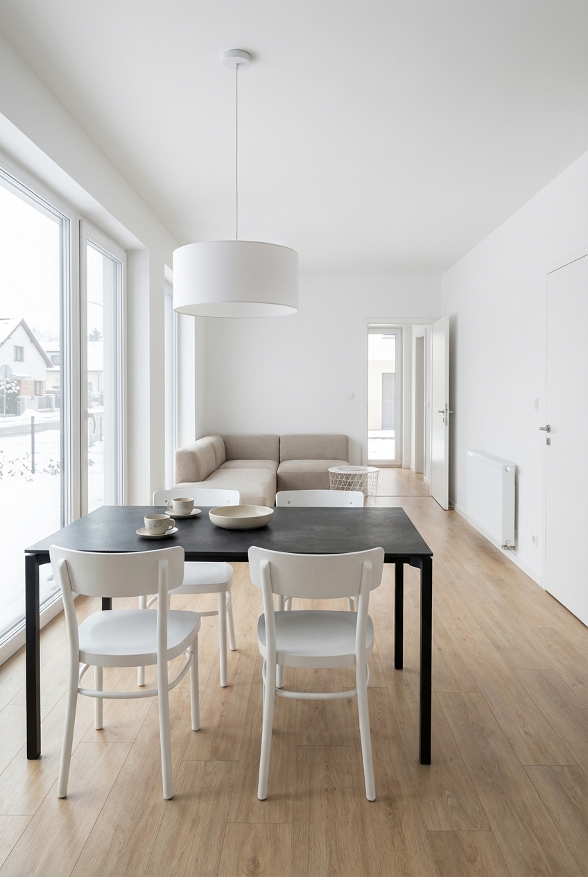 Dunkler Belluno Keramik Esstisch schafft Kontrast in einem hellen Wohnbereich