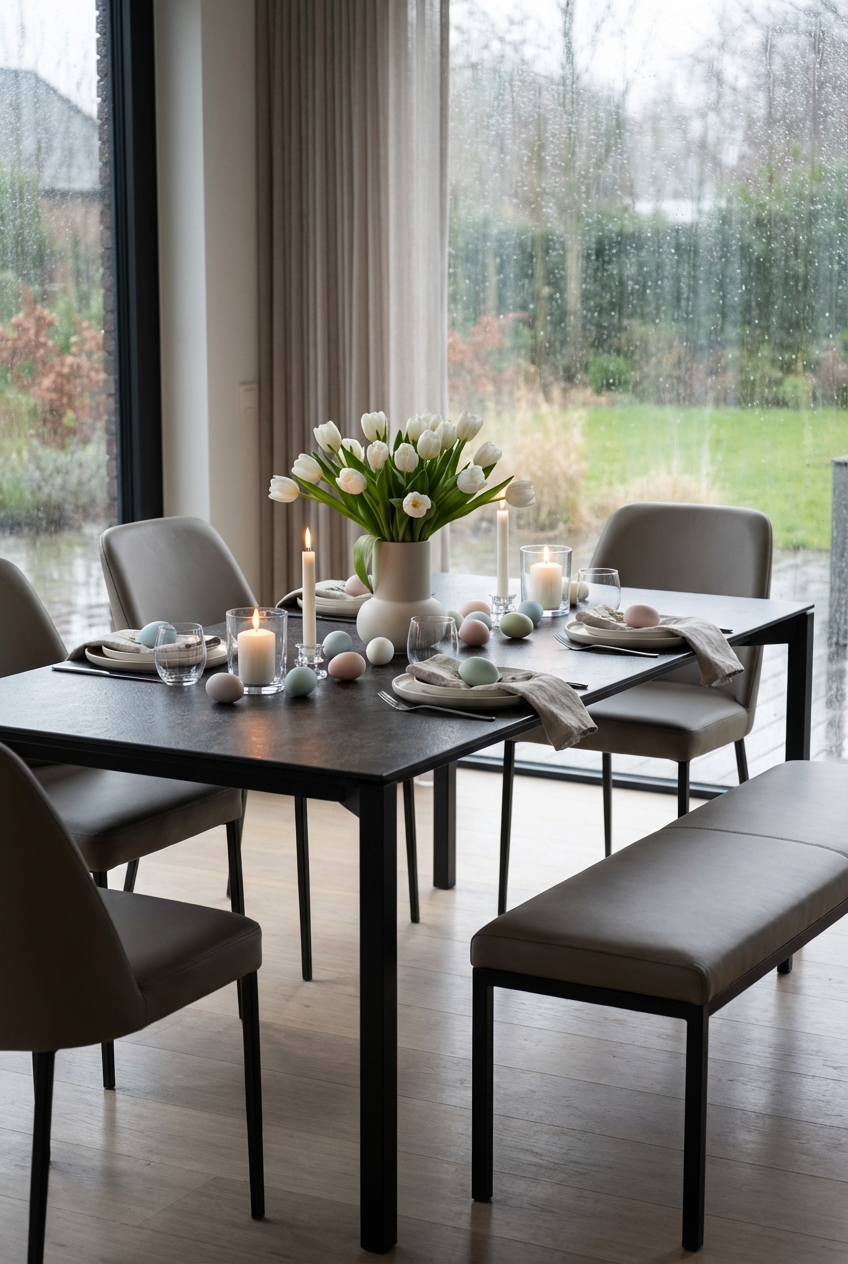 Schlichte Tischdeko zu Ostern mit gefärbtem Ei auf einem Belluno Keramik Esstisch