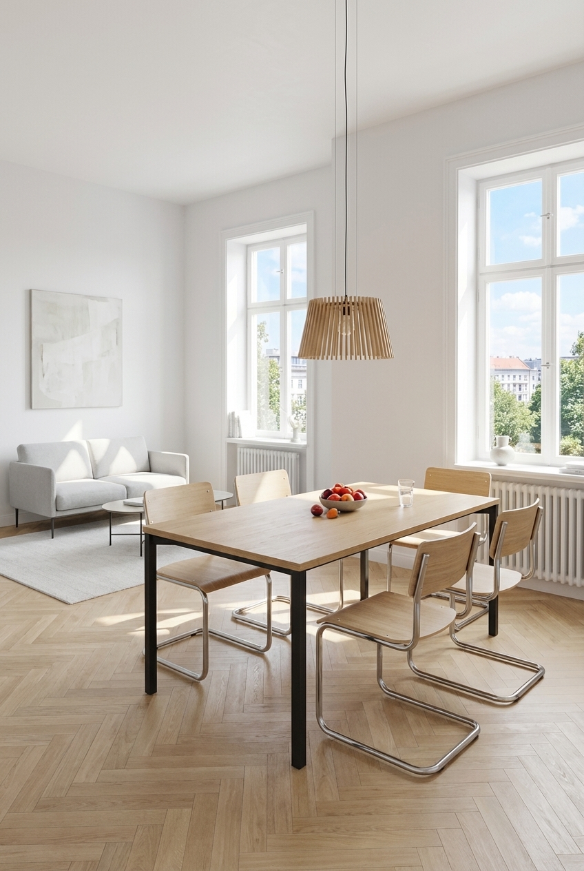 Pendelleuchte über einem Belluno Esstisch aus Eiche im kleinen Wohnzimmer-Esszimmer eingerichtet