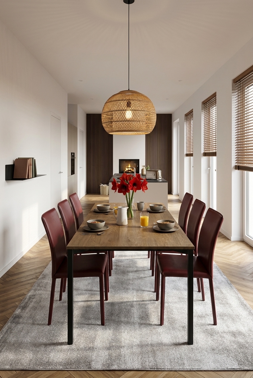 Gewebte Leuchten über Holzpaneelen und Esstisch Belluno aus Eiche schaffen harmonische Atmosphäre