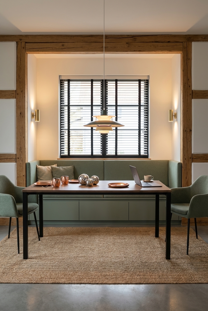 Ein Naturfaserteppich definiert den Essbereich um den Belluno Esstisch aus Eiche.