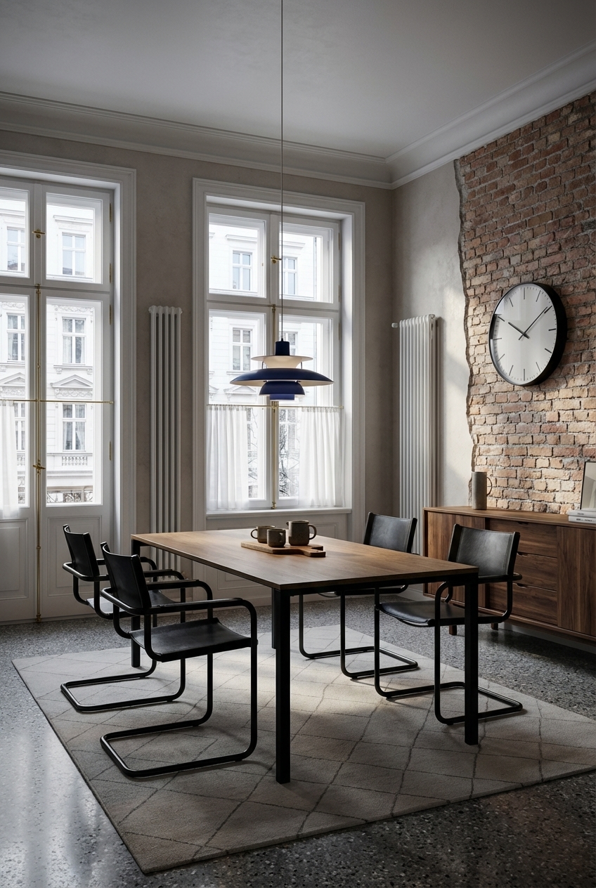 Flache Deckenlampe vor rauer Ziegelwand und Belluno Esstisch aus Eiche